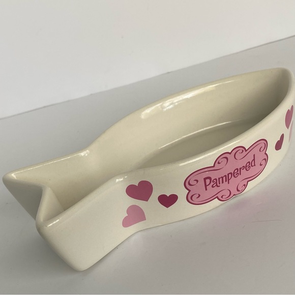 Cat Bowl Fish Shaped Ceramic “Pampered” White Pink. 8” Long Water Food Kitty - Picture 12 of 14